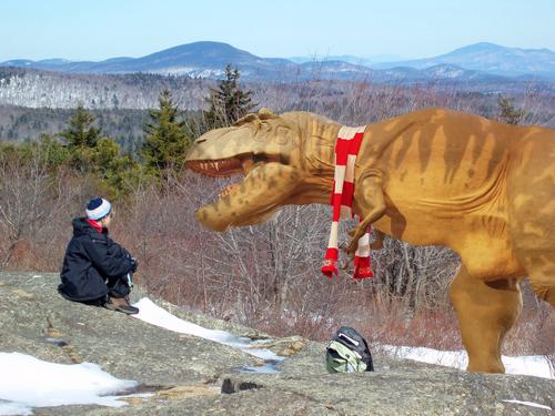 make-believe dinosaur and unwary hiker on Pitcher Mountain in New Hampshire