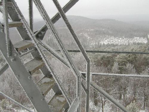 rime ice on the fire tower steps on Pitcher Mountain in New Hampshire