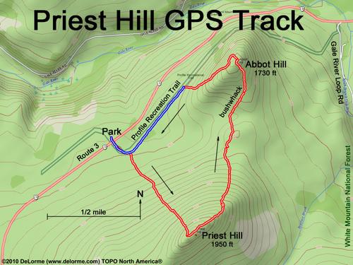 GPS track to Priest Hill and Abbot Hill in New Hampshire