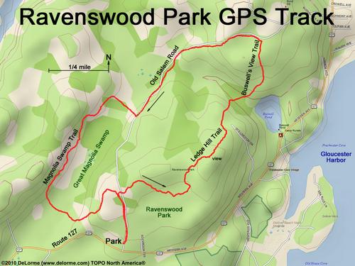 GPS track through Ravenswood Park near Gloucester in Massachusetts
