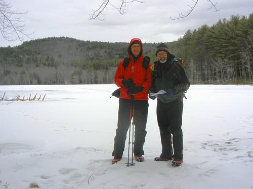 Fred and Dick at Campbell Pond on a bushwhack to Riley Mountain in southern New Hampshire