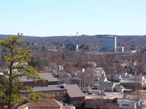 view of Manchester in southern New Hampshire from the summit cliff of Rock Rimmon