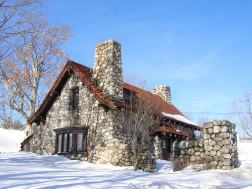 winter view of the gatehouse for Castle in the Clouds in New Hampshire