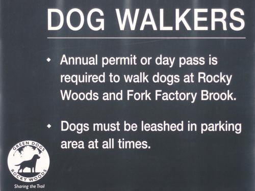 Green Dogs sign at the entrance to Rocky Woods in eastern Massachusetts