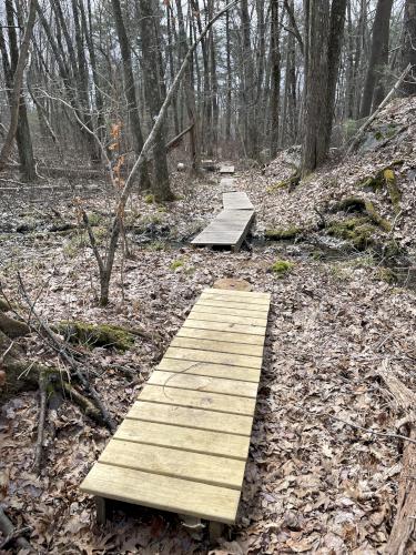 footbridges in March at Saddle Hill Nature Walk in eastern Massachusetts