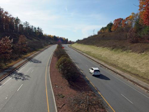 view of Route 111 from the overpass bridge on the Salem Bike-Ped Corridor in New Hampshire