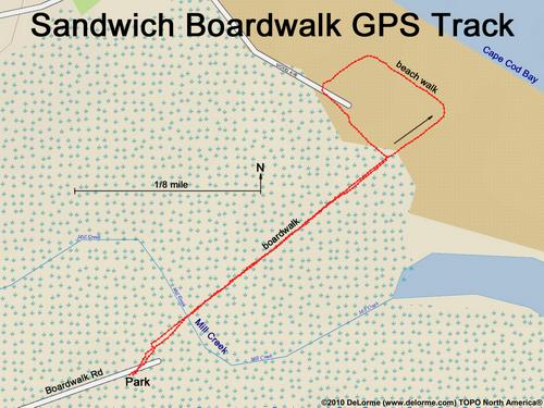 GPS track along Sandwich Boardwalk at the town of Sandwich on Cape Cod in eastern Massachusetts