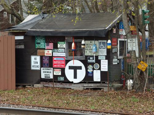 signage shack at the Ballardvale MBTA Station near the Shawsheen River Reservation in eastern Massachusetts