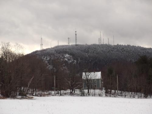 view in January of the antenna farm atop South Uncanoonuc Mountain from Shirley Hill in southern New Hampshire