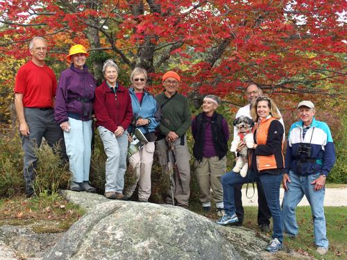 October 2014 hikers to Skatutakee Mountain in southern NH: Fred, Joan, Elaine, June, Dick, Muriel, Lance, Kate (with Kip) and Dan