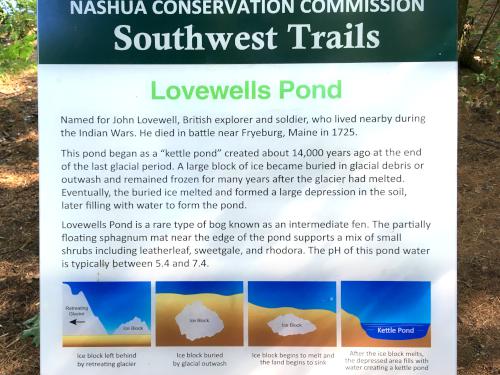 plaque describing the formation of a kettle pond beside Lovewells Pond at Southwest Trails in Nashua, New Hampshire