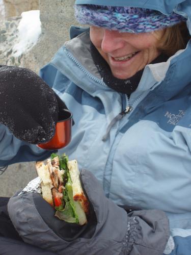 winter lunch on Speckled Mountain in Maine