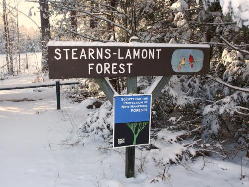 entrance sign in January at Stearns-Lamont Forest near Rindge in southern New Hampshire