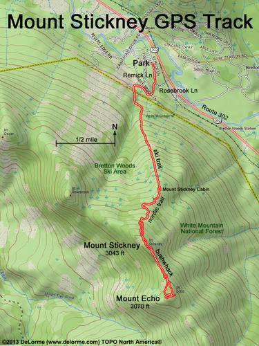 GPS track to Mount Stickney in the White Mountains of New Hampshire