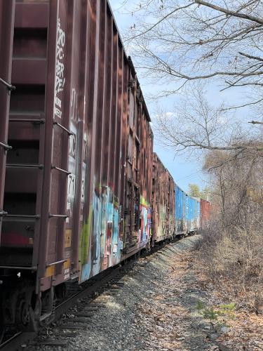 railroad cars in February at Stone Arch Bridge near Westford in northeast MA