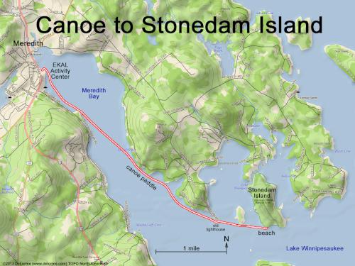 canoe paddle GPS track in September from Meredith to Stonedam Island on Lake Winnipesaukee in NH