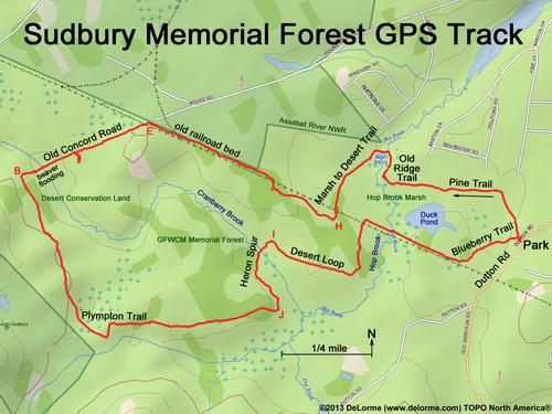 GPS track through Sudbury Memorial Forest in eastern Massachusetts