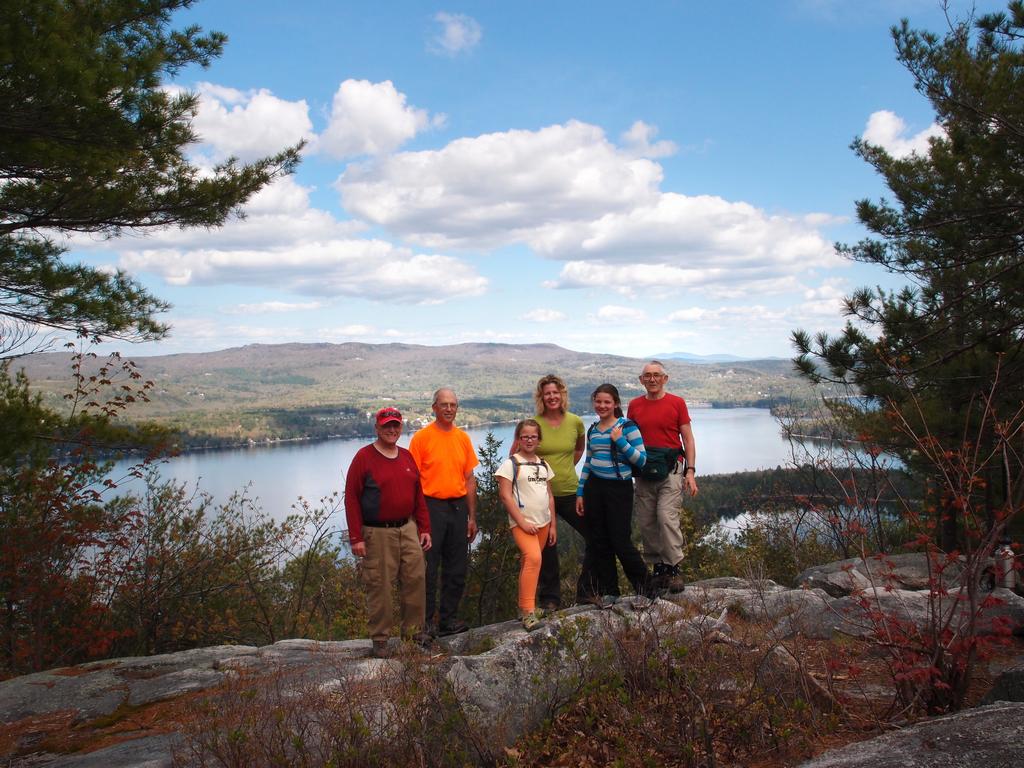 Chuck, Fred, Elise, Gwen, Margaret and Dick on the summit of Sugarloaf Mountain overlooking Newfound Lake in New Hampshire