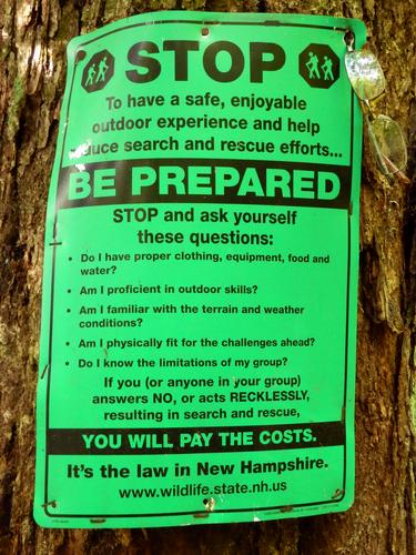 warning sign on the Andrew Brook Trail to Mount Sunapee in New Hampshire
