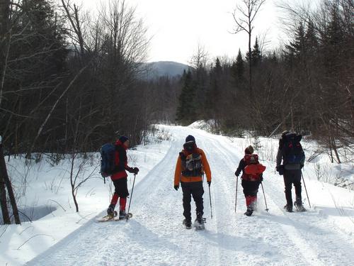 hikers on a snowmobile trail to Teapot Mountain in New Hampshire