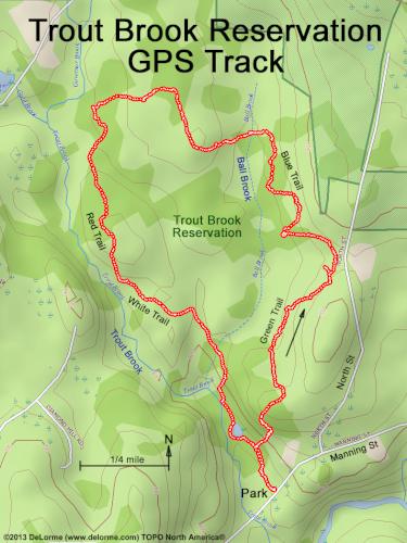 GPS track at Trout Brook Reservation at Holden in eastern Massachusetts