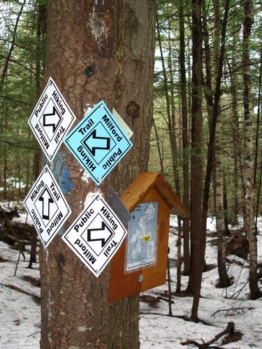trail junction sign in Tucker Brook Town Forest in New Hampshire