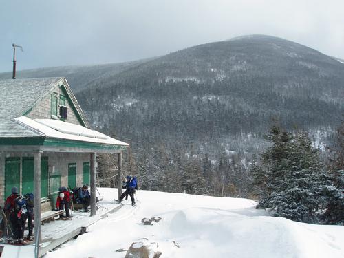 AMC Galehead Hut and South Twin Mountain at winter in New Hampshire