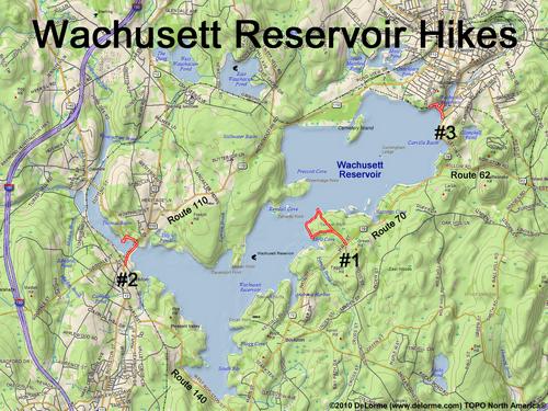 overview of three hikes at Wachusett Reservoir in eastern Massachusetts