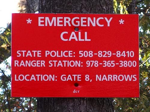 emergency call sign at Wachusett Reservoir in eastern Massachusetts