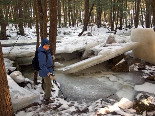 Andee stands in February beside ice chunks on Gridley River at Wales Preserve in southern New Hampshire