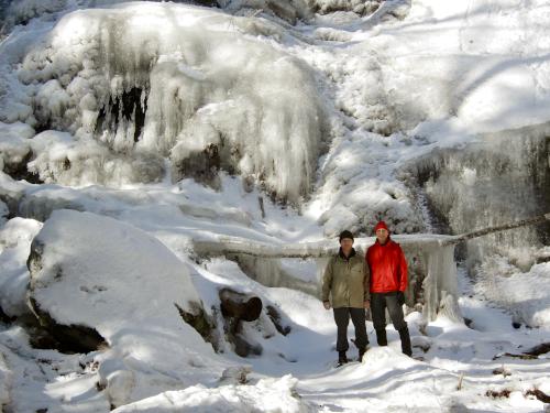 David and Fred before Rainbow Falls in February at Walter-Newton Conservation Trails in New Hampshire