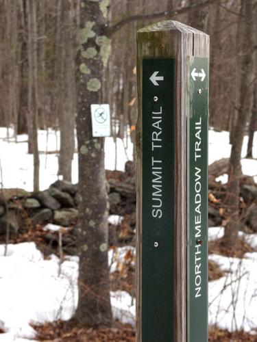trail junction signage pole at Wachusett Meadow Wildlife Sanctuary in Massachusetts