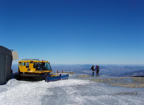 snowcat, hikers and February view from Mount Washington in the White Mountains of New Hampshire