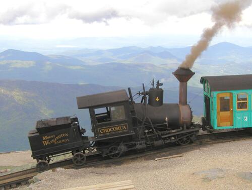 coal-burning Cog Railway locomotive in 2002 on Mount Washington in the White Mountains of New Hampshire