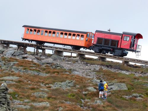 a Cog Railway train heads up Mount Washington in New Hampshire
