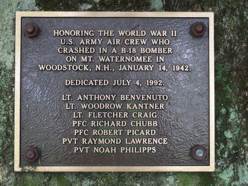 plaque honoring the seven crew memebers at the B-18 Bomber Crash Site on Mount Waternomee in western New Hampshire