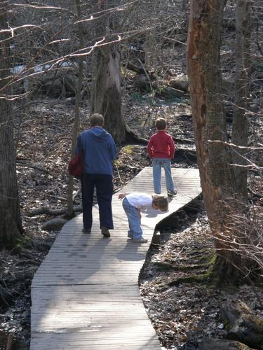visitors traverse a boardwalk at Weir Hill in Massachusetts