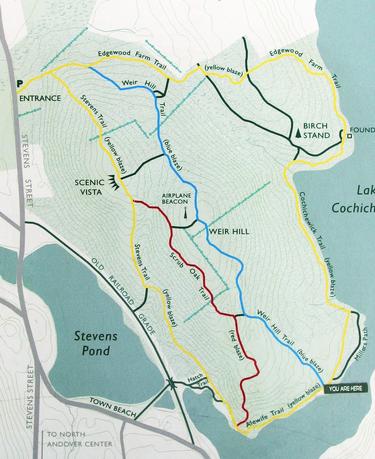 color-coded map of the hiking trails at Weir Hill in Massachusetts