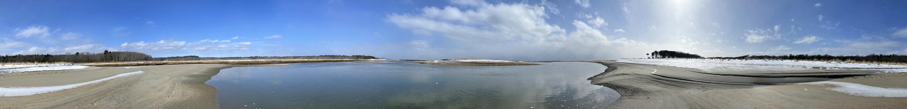 360-degree panoramic photo in February from the beach at Wells Reserve at Laudholm in southern Maine