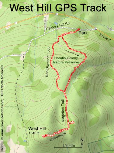 GPS track to West Hill at Horatio Colony near Keene in southwestern New Hampshire