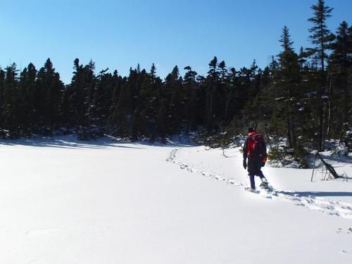 winter hikers take a shortcut across a frozen pond near West Field Peak in New Hampshire