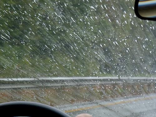 rain on the car windshield on the drive to hike White Cap Mountain in Maine