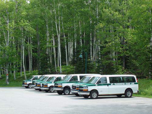 vans parked at the start of Mount Washington Auto Road in New Hampshire