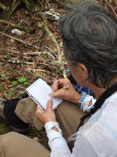 hiker writing in the summit canister log on Little Wildcat Mountain in New Hampshire
