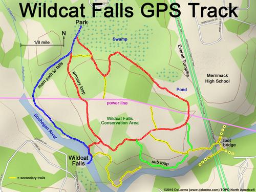 GPS-track map of Wildcat Falls Conservation Area in southern New Hampshire