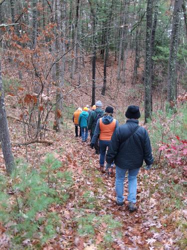 a group of hikers headed into the woods on the way to Wildcat Falls in southern New Hampshire