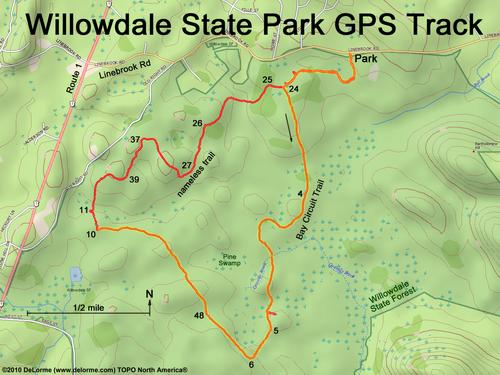GPS track through Willowdale State Forest in northeastern Massachusetts