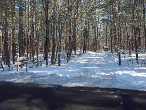 entrance in February to the trailhead parking lot for Windham Town Forest in southern New Hampshire