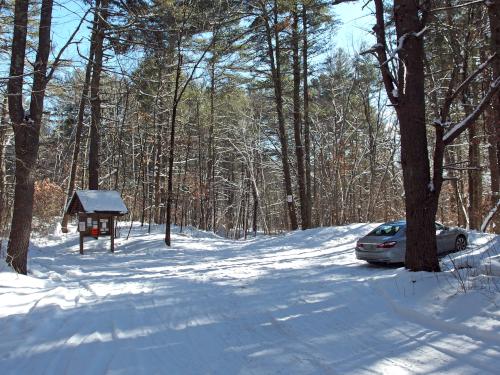 trailhead parking lot in February at Windham Town Forest in southern New Hampshire