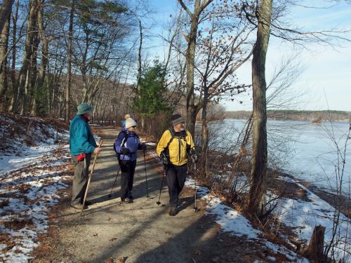 John, Andee and Dick hike the Shoreline Trail beside Kenoza Lake at Winnekenni Park in northeastern Massachusetts